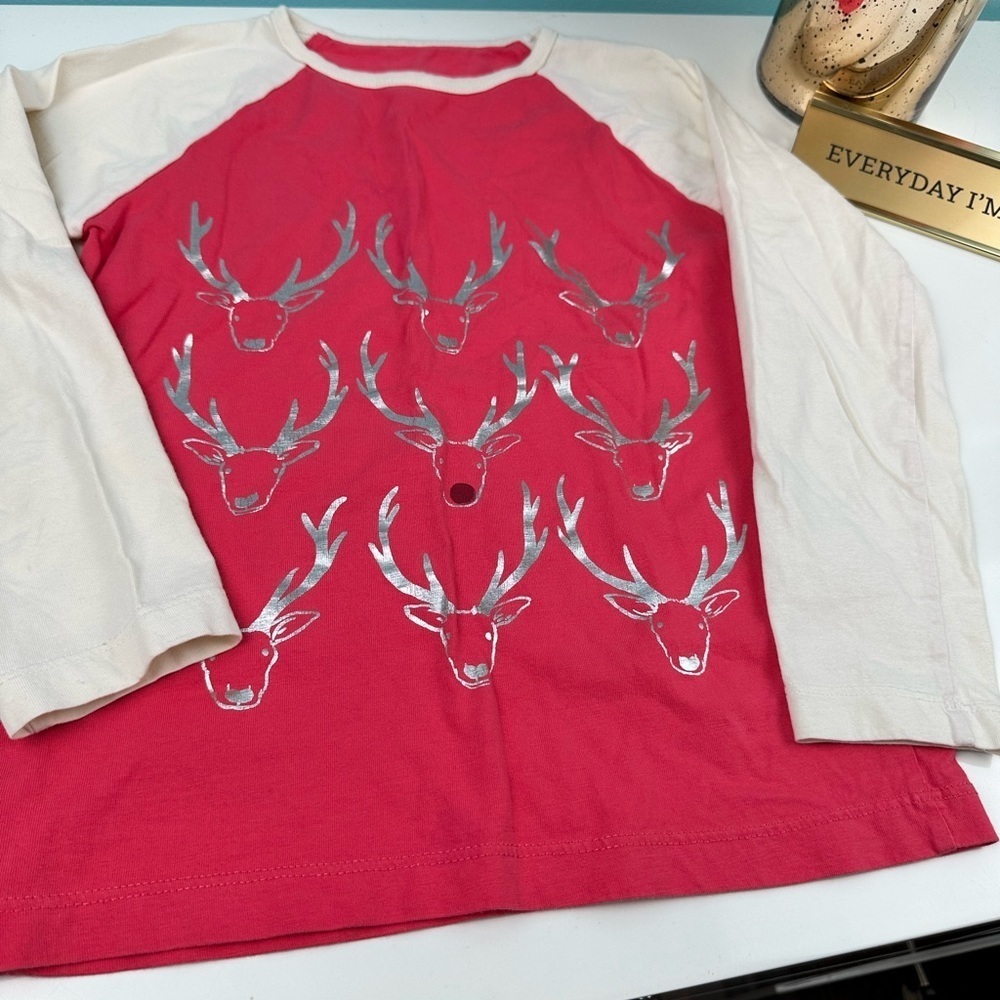 Mini Boden Cotton long sleeve tee, silver deer print, size 6-7Y